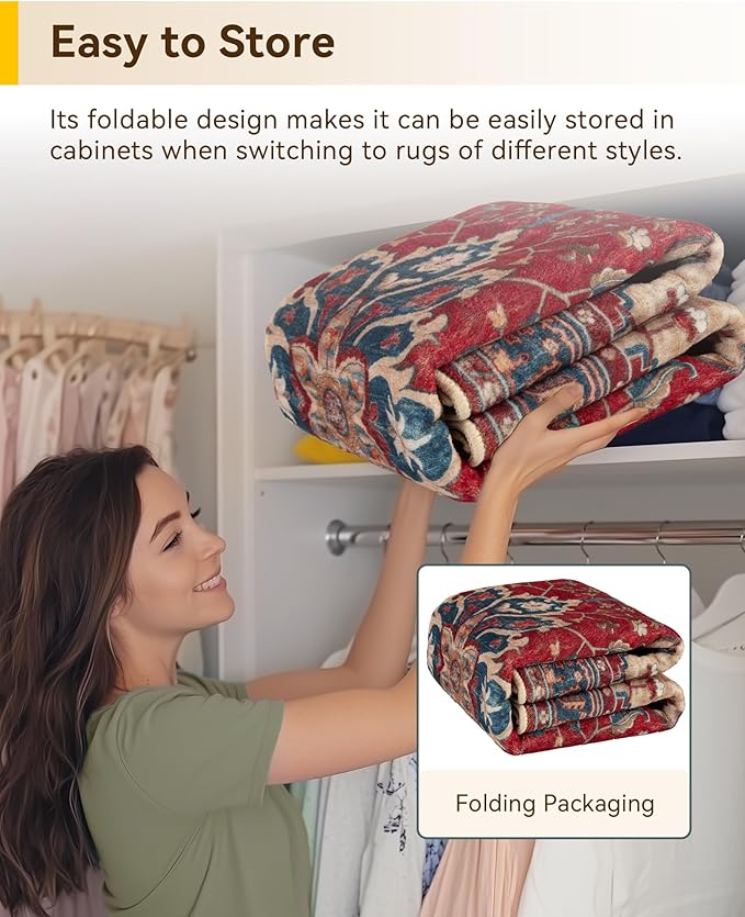 RELEANY Area Rugs Runner 2'x8' Washable Non-Slip, Floral Vintage Distress Medallion Carpet for Kitchen Hallway Bedroom Beside Laundry Room Bathroom, Red Blue