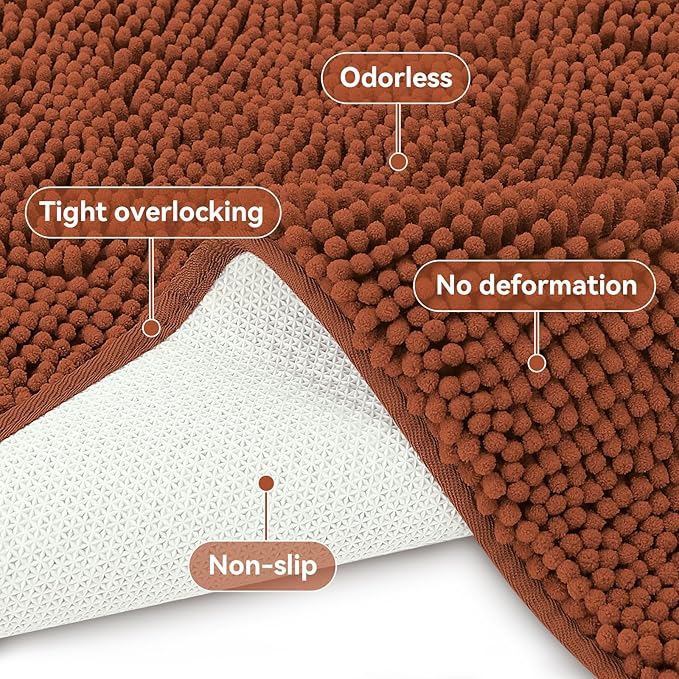 Bcoimo 30x20 Chenille Bath Mat – Non-Slip with Backing Bath Rug Ultra-Absorbent and Machine Washable Bathroom Mat Quick-Dry Design. Ideal for Bathroom Shower and Tub Areas