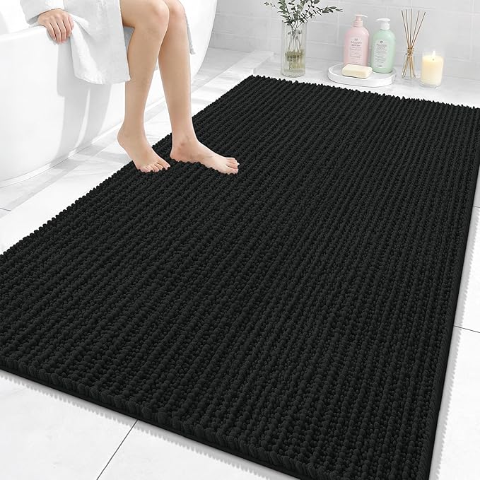 OLANLY Bathroom Rug Mat 59x35, Thick Soft and Absorbent Chenille Bath Mat, Non-Slip Rubber Backing, Machine Washable Quick Dry Bath Rugs for Tub Shower Floor, Home Decor Accessories, Black