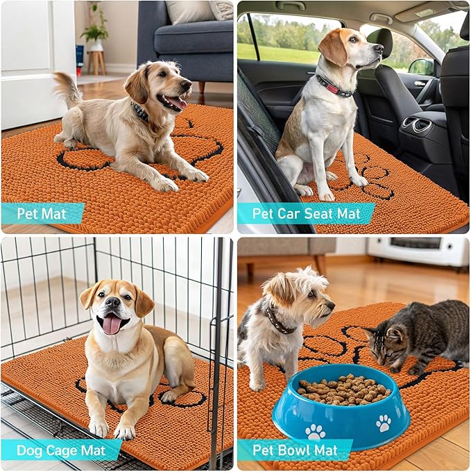OLANLY Dog Door Mat for Muddy Paws 48x30, Paw Print Design, Absorbs Moisture and Dirt, Absorbent Non-Slip Washable Doormat, Quick Dry Chenille Mud Mat for Dogs, Entry Indoor Entryway Carpet, Clay