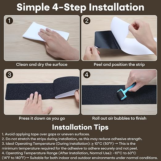 Non Slip Tape 4 inch X 30 inch (10-Pack) - Outdoor Waterproof Non Skid Tape, Stair Treads Anti Slip Tape for Step, Deck, Pre-Cut Anti Slip Tape, Black with Roller