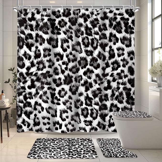 4 PCS Black Leopard Print Shower Curtain Set 72Wx72H,Toilet Lid Cover,Non-Slip Rugs and U-Shaped Mat,Wild Cheetah Bathroom Sets with Rugs Shower Accessories 12 Hooks for Bathroom Decor