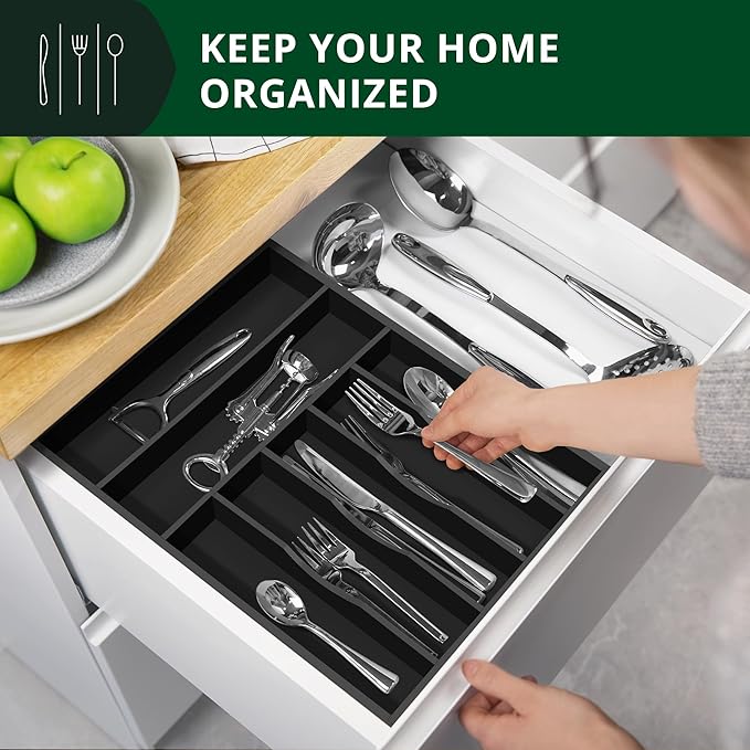 Luxury Bamboo Kitchen Drawer Organizer - Silverware Organizer - Utensil Holder and Cutlery Tray with Grooved Drawer Dividers for Flatware and Kitchen Utensils (7 Slot, Black)