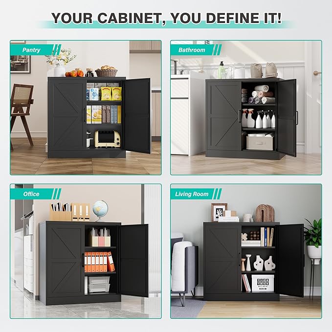 Metal Storage Cabinet with Doors & Adjustable Shelves, 36" Tall Farmhouse Pantry Cabinet, Small Sideboard for Kitchen, Dining, Living & Laundry Room, Black