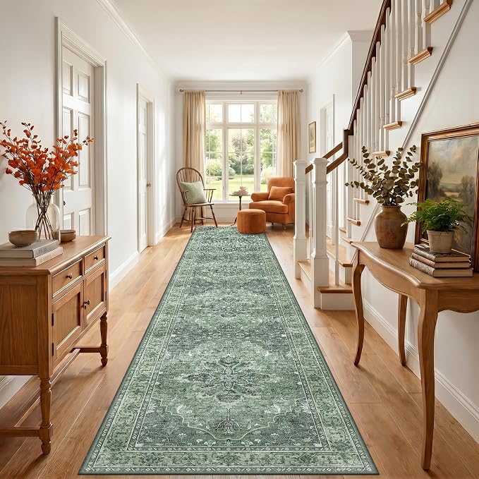 RELEANY Area Rugs Runner 3'x20' Washable Non-Slip, Floral Vintage Distress Medallion Carpet for Kitchen Hallway Bedroom Beside Laundry Room Bathroom, Dark Green Gray