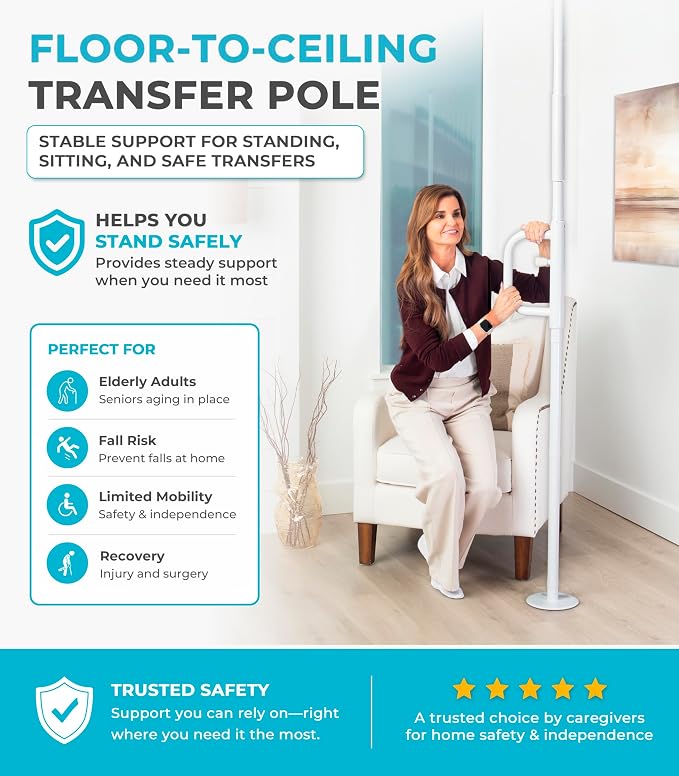 Stander Wonder Pole, Security-Pole and Curve Grab Bar, Tension Mounted Floor to Ceiling Transfer-Pole for Seniors, Elderly Adults, Bathroom Safety Assist and Stability Rail, White