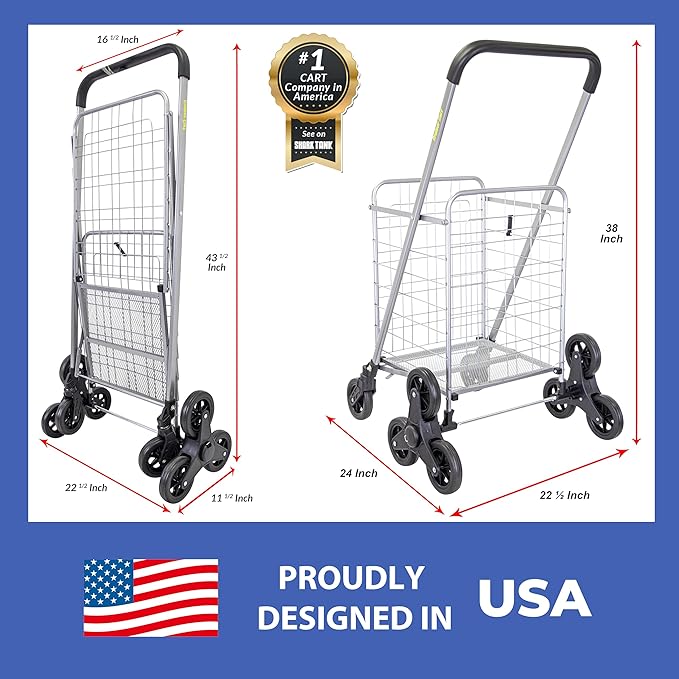 dbest Products Stair Climber Cruiser Cart Shopping Grocery Rolling Folding Laundry Basket on Wheels Foldable Utility Trolley Compact Lightweight Collapsible, Silver