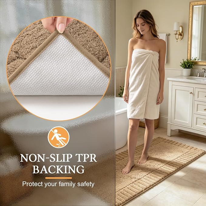 Pauwer Bathroom Rugs Sets 3 Piece Non Slip Machine Washable Bathroom Shower Rugs with U-Shaped Contour Toilet Mat Plush Shaggy Absorbent Microfiber Bath Mat Set, Khaki