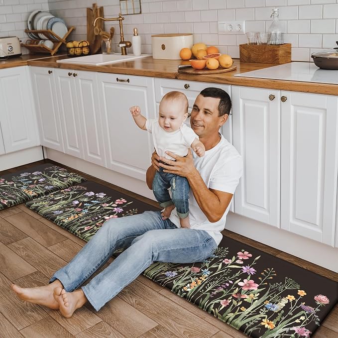 KIMODE Kitchen Mats Cushioned Anti Fatigue, Black Farmhouse Kitchen Rugs Sets of 2, Padded Kitchen Floor Mats, Non Slip Standing Mat for Sink, Laundry, Office, Desk 17"x59"+17"x29"