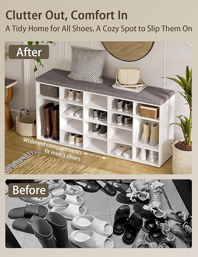 DINZI LVJ Shoe Storage Bench, 20-Cubby Shoe Rack Bench with Cushion, Fully Adjustable Shelves, Shoe Organizer for Closet, Entryway, Mudroom, Hallway and Garage, White