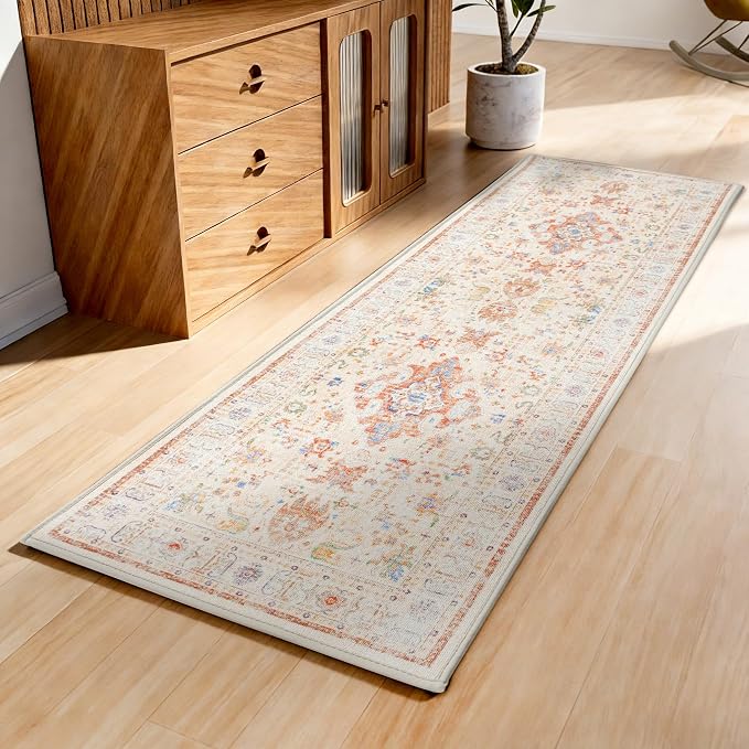 AREDO Runner Rug with Non Slip Rubber Backing, Washable Soft Floor Carpet for Kitchen, Hallway, Entryway Indoor, Bedroom, Laundry, Low Pile Area Rugs, Geometric Floral, Yellow Pattern, 2' * 6'