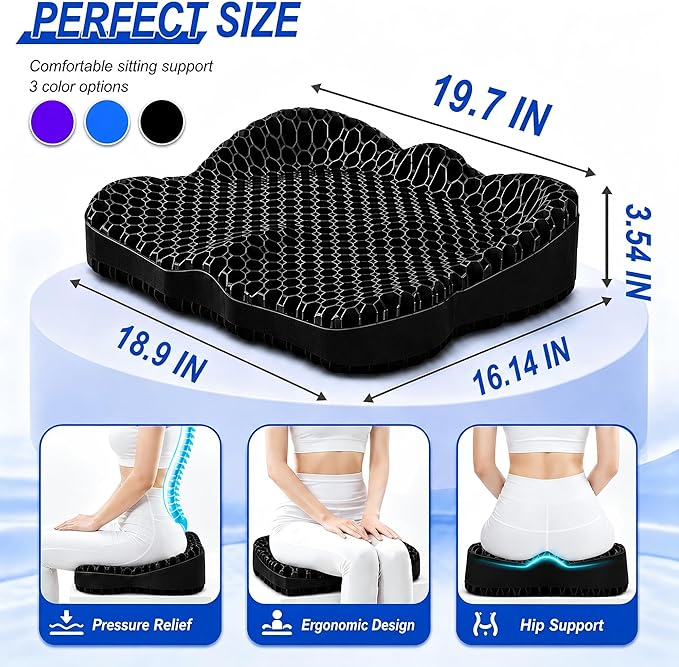 Thicken 19.7in Seat Cushion, Gel Seat Cushion for Long Sitting–Office Chair, Wheelchair, Car Cushion, Large Cooling Pad for Back Pain, Sciatica, Tailbone Pain Relief