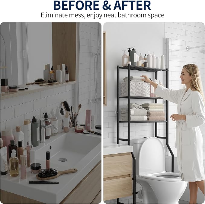 GloTika 3-Tier Over Toilet Storage Rack, Metal Over Toilet Bathroom Organizer Shelf, Freestanding Space Saver Storage Shelves for Bathroom/Laundry/Living Room (Black)
