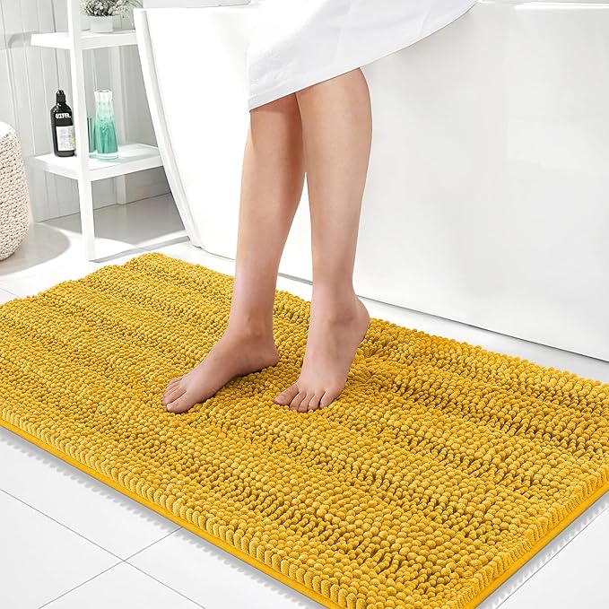 OLANLY Thick Bathroom Runner Rugs 44x24, Extra Absorbent Chenille Striped Bath Rugs, Rubber Backing, Machine Wash, Long Bath Mats for Bathroom, Tub and Shower, Home Decor Accessories, Golden Yellow
