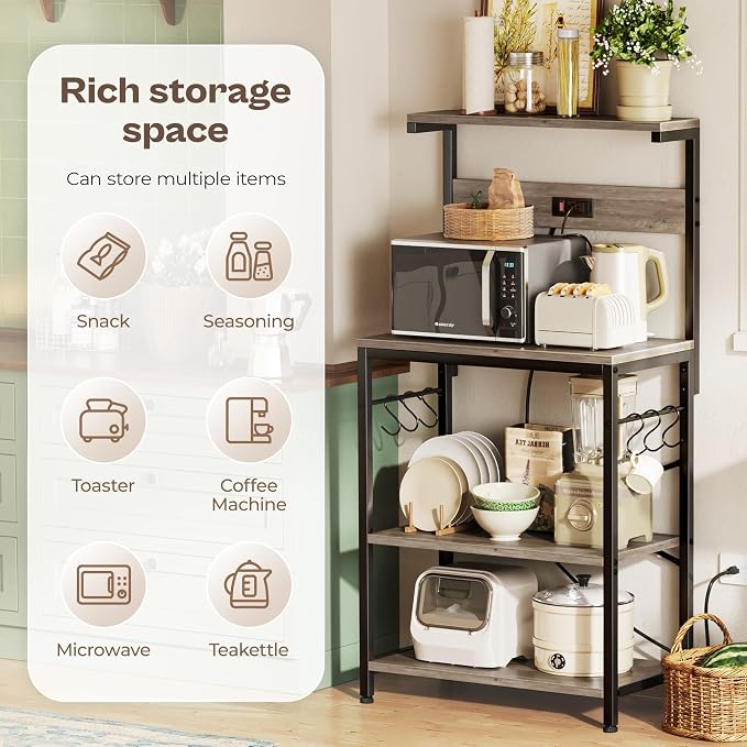 SUPERJARE Kitchen Bakers Rack with Power Outlet, Coffee Bar Table 4 Tiers, Kitchen Microwave Stand with 6 S-shaped Hooks, Kitchen Storage Shelf Rack for Spices, Pots and Pans - Greige