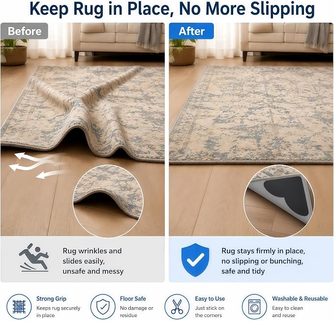 20 PCS Non Slip Pads for Area Rugs, Reusable Grippers for Rugs on Hardwood Floors, Double-Sided Adhesive Rug Stoppers, Prevent Sliding and Curling, Keep Rug Corners Flat, No Residue