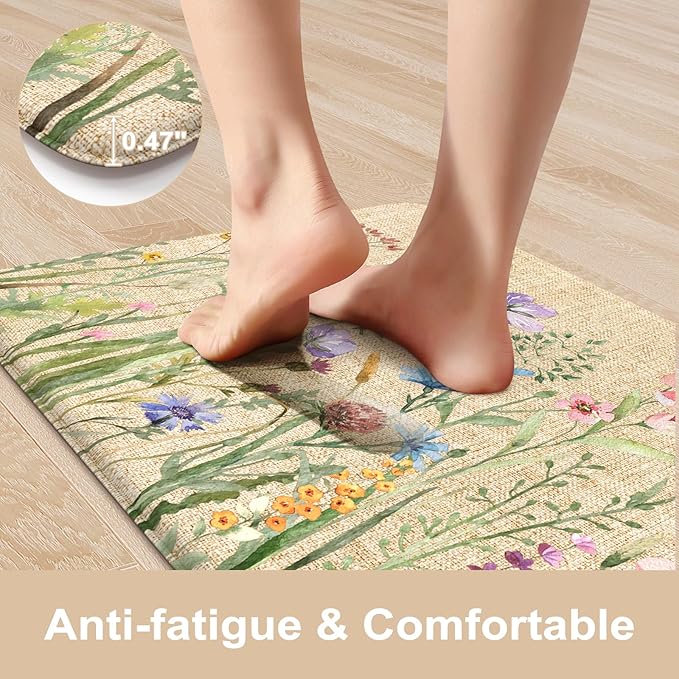 KIMODE Anti Fatigue Kitchen Mats, Farmhouse Kitchen Rugs Sets of 2, Non Slip Waterproof Kitchen Floor Mats, Ergonomic Cushioned Standing Mats for Sink, Laundry, Desk Brown 20"x47"+20"x32"