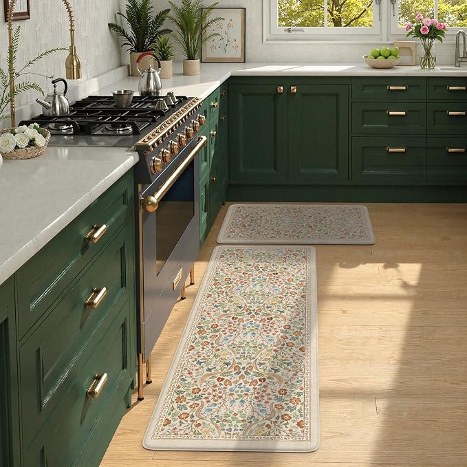 Collive Anti Fatigue Mats for Kitchen Floor, Waterproof Non Skid Kitchen Rugs Sets of 2 Beige Vintage Floral Rug, Foam Comfort Standing Mat for Office, Sink, Laundry