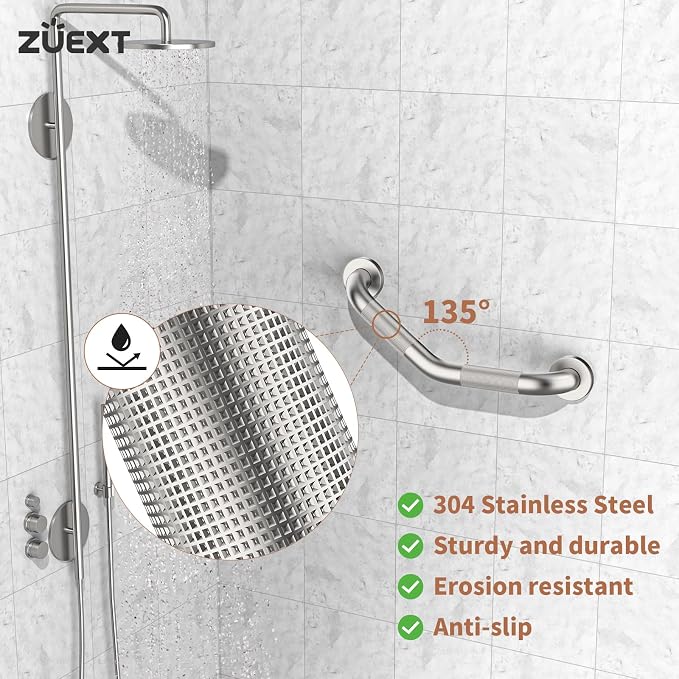 16 Inch Angled Grab Bar 2 Pack, ZUEXT Anti Slip Shower Grab Bar, Brushed Nickel Stainless Steel Knurled Bathroom Balance Bar, Safety Handrail Support,Handicap Elderly Injury Senior Assist Bath Handle