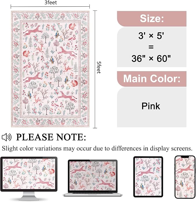 DUKINO 3x5 Rug, Washable Animal Area Rug with Non Slip Vintage Design, Indoor Soft Low Pile Carpet for Bedroom, Nursery, Dining Room, Farmhouse, Playroom, Pink