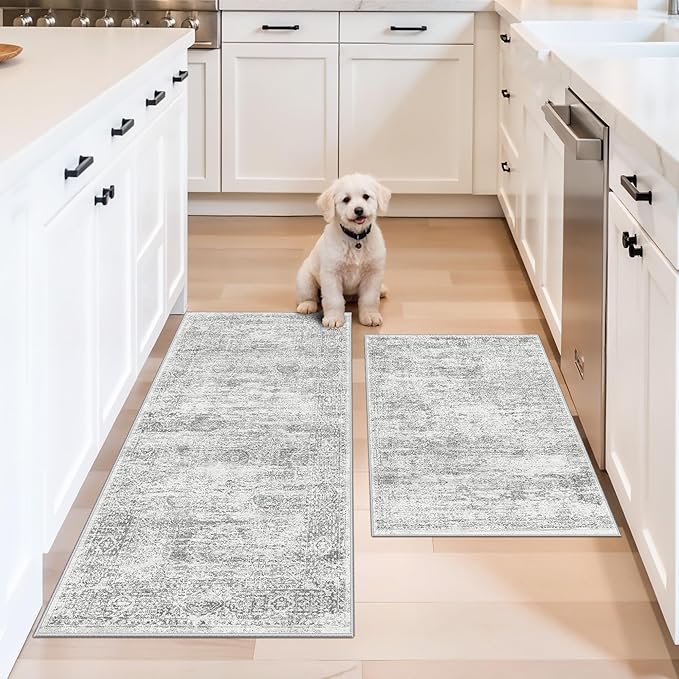 Kitchen Mats for Floor 2 Piece, Non Slip Washable Kitchen Rugs Sets for Floor, Soft Low Pile Kitchen Area Rug for Kitchen Sink Laundry Entryway (Grey Ivory, 2x3+2x4)