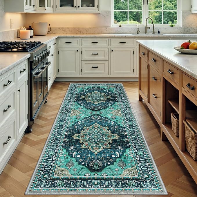 RELEANY Area Rugs Runner 3'x8' Washable Non-Slip, Floral Vintage Distress Medallion Carpet for Kitchen Hallway Bedroom Beside Laundry Room Bathroom, Teal Green Lake Blue Turquoise