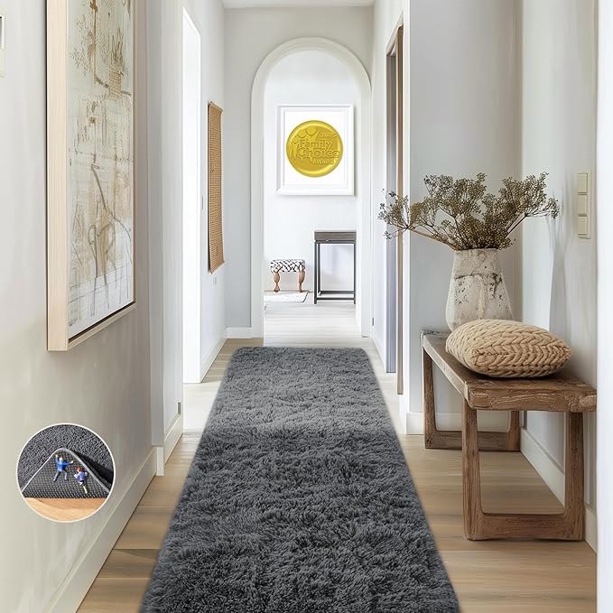 Ophanie 2x6 Washable Runner Rug for Hallway,Non-Slip Fluffy Soft Bedside Rugs, Bedroom Living Room Grey Shaggy Gray Carpet for Kids Girls Boys Dorm Nursery Home Decor Aesthetic