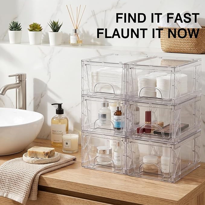 Stackable Storage Drawers, 4.4in Small Bathroom Organizers and Storage Boxes, Simply Assembled Box Containers for Medicine, Cosmetics, , Kitchen, Snack(6 Pack)