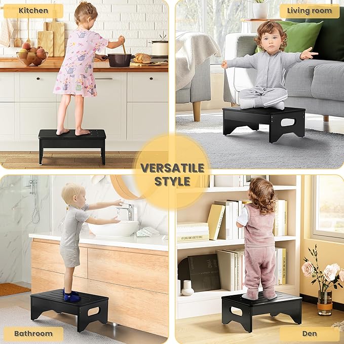 Wooden Step Stool for Adults & Kids, Non-Slip Rubber Feet, 6.5 INCH High, Lightweight Small Step, 450 LBS Capacity, Bed Step Stool for High Bed, Bathroom & Kitchen (Black)