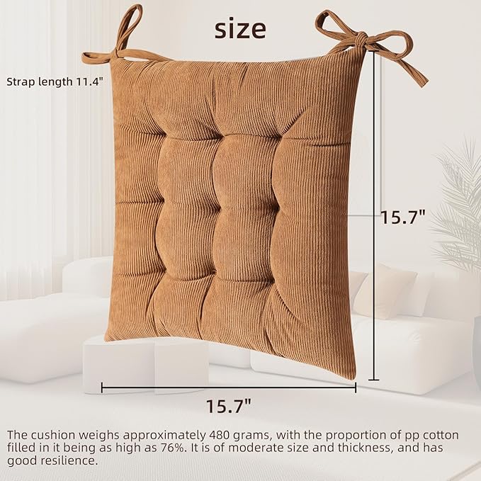 HLOVME Corduroy Chair Cushion with Ties Ultra Soft Warm Floor Cushion for Kids Reading Nook Comfortable Square Seat Cushion for Adult 15.7”x15.7”, Khaki