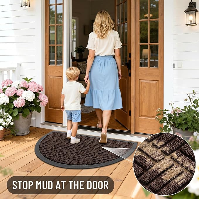 OLANLY Half Circle Door Mat Outside Entrance 29.5x17, Absorbent, Heavy Duty Sturdy Natural Rubber Doormat Indoor Outdoor, Fade Resistant, Non-Slip Backing Low Profile Floor Mat for Entryway, Brown