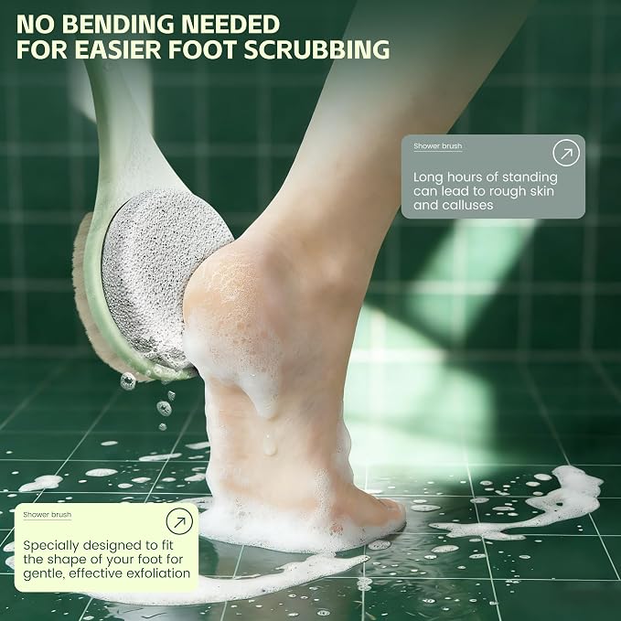 Back Scrubber for Shower, Long Handle Exfoliating Brush, Dual-Sided Bath Brush with Soft Bristles & Volcanic Pumice Stone, Anti-Slip Grip for Men & Women (Green)