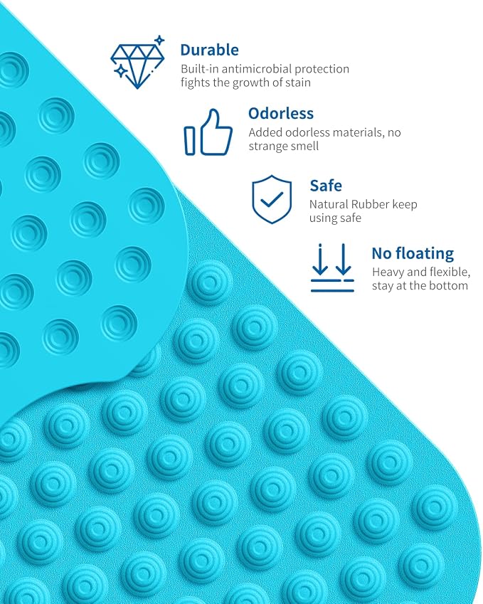 Bligli Bathtub Mat Non-Slip Without Suction Cups, 39x16inch Extra Long Bath Mats for Shower Bathroom, Machine Washable Natural Rubber Shower Tub Mat (39x16inch, Blue)