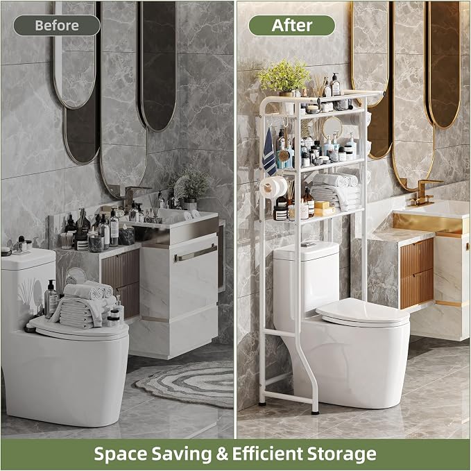 Simple Trending 3 Tier Over The Toilet Storage Rack, Metal Bathroom Shelf, Bathroom Stand Organizer Space Saver with Paper Holder and Hooks, White