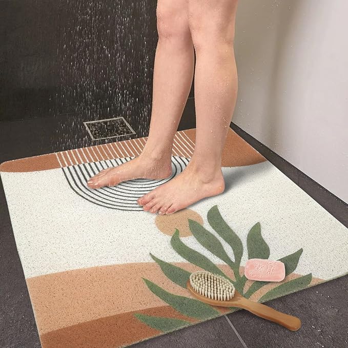 Square Shower Mat Non Slip, Boho Bathmat Quick Drying Easy Cleaning Shower Matt, Tropical Leaves Bath Mats for Bathroom Decor Textured Surface Loofah Shower Foot Scrubber Mat, 24″X24″
