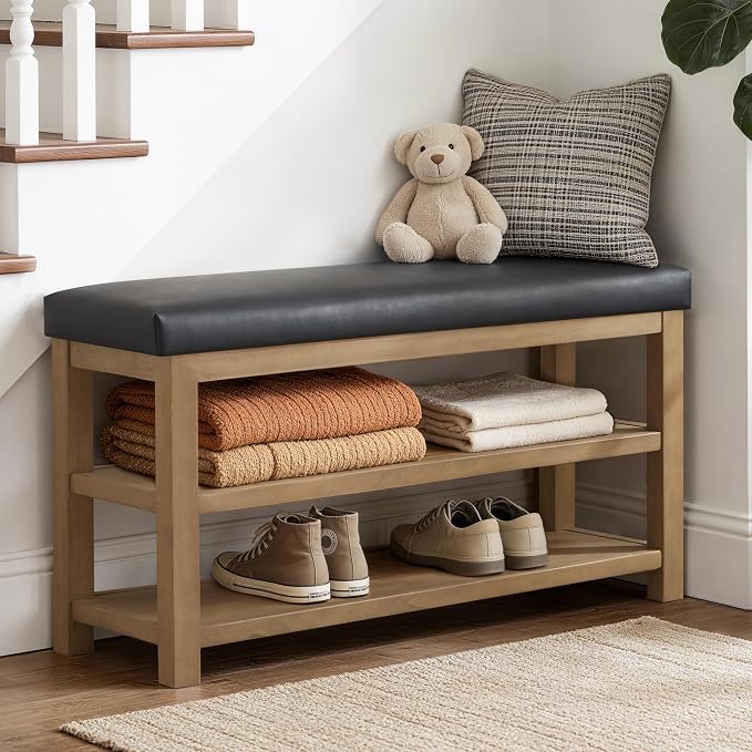 Zihanhome Shoe Rack Bench with Leather Cushion, 2 Tier Solid Wood Storage Bench, Mid-Century Modern Shoe Bench for Entryway, Hallway, Closet, Front Door Entrance, Foyer (Black, 46.5)