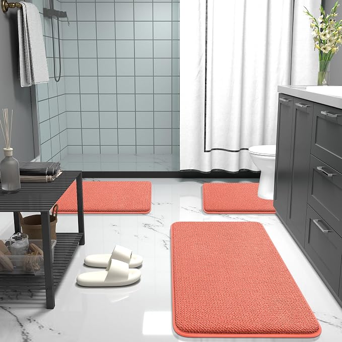 OLANLY Thick Memory Foam Small Bathroom Rugs 24x16, Extra Soft Absorbent Bathroom Mat, Quick Dry Bath Mat, Non-Slip, Machine Washable Carpet for Bathroom, Tub and Shower, Home Decor Accessories, Coral