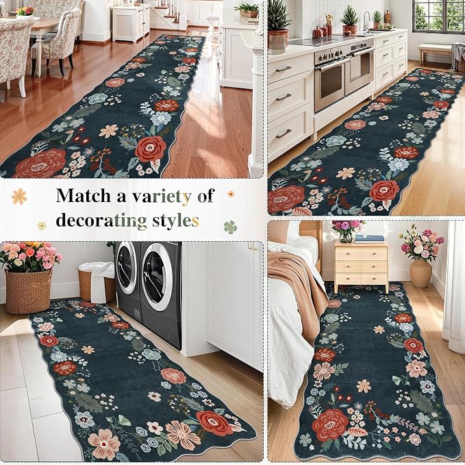 3x6 Runners for Hallways Non Slip, Cute Runner Rug for Room Decoration, Floral Carpet Runner to Walk on, Perfcet for Kitchen, Living Room, Entryway, Bedroom, Bathroom, Dark Green