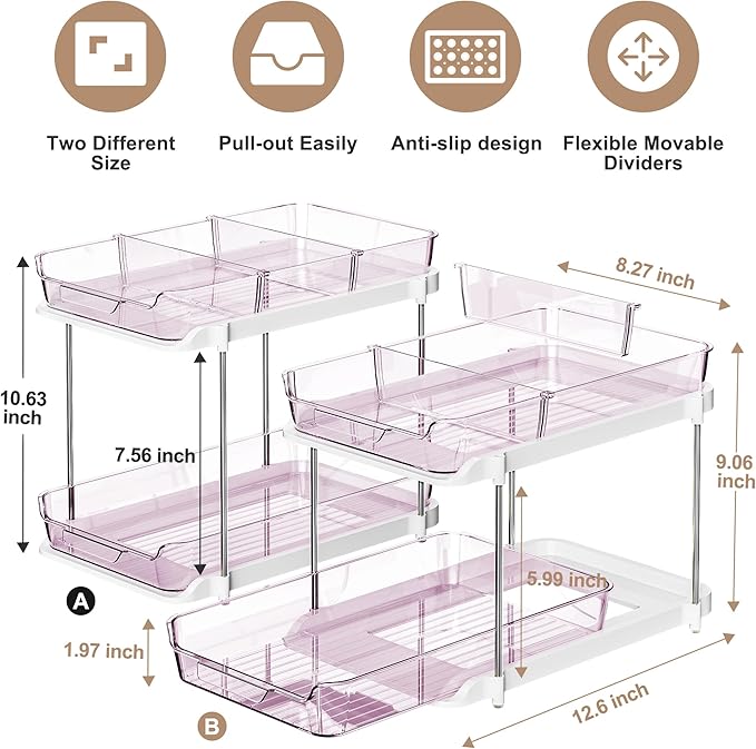 Delamu 2-Tier Multi-Purpose Bathroom Under Sink Organizers and Storage, Stackable Kitchen Pantry Organization, Pull Out Medicine Cabinet Organizer with Movable Dividers, Purple, 2 Pack