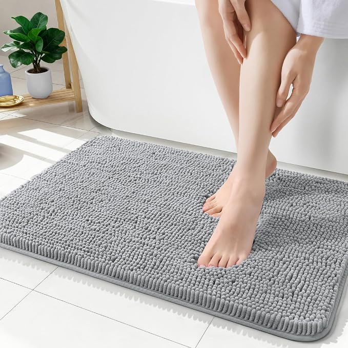 OLANLY Bathroom Rugs 35x24, Extra Soft Absorbent Chenille Bath Rugs, Rubber Backing Quick Dry, Machine Washable Bath Mats for Bathroom Floor, Tub and Shower, Home Decor Accessories, Light Grey