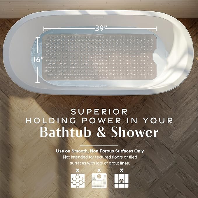 SlipX Solutions Power Grip Bathtub Safety Mat | Precision Grip Technology for Longer, Stronger, & Softer Wet Surface Protection | Solid Tan 39"x16"