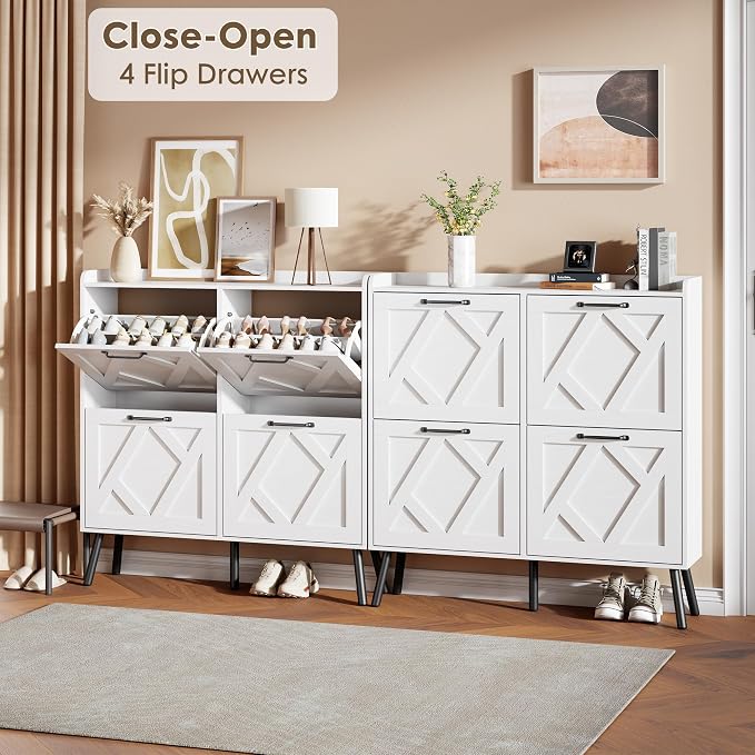 Nicetree Shoe Cabinet with 4 Flip Drawers, Freestanding Shoe Organizer Cabinet with Metal Legs, Farmhouse Slim Shoe Rack Cabinet for Entryway, Foyer, Hallway, White