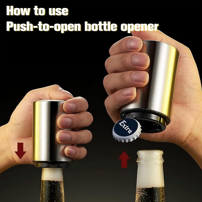 Magnetic Beer Bottle Opener with Automatic Cap Catcher, Ultra Premium Stainless Steel Soda & Beer Bottle Opener, Push & Pull Convenient Design Bar Accessory (2 pcs)