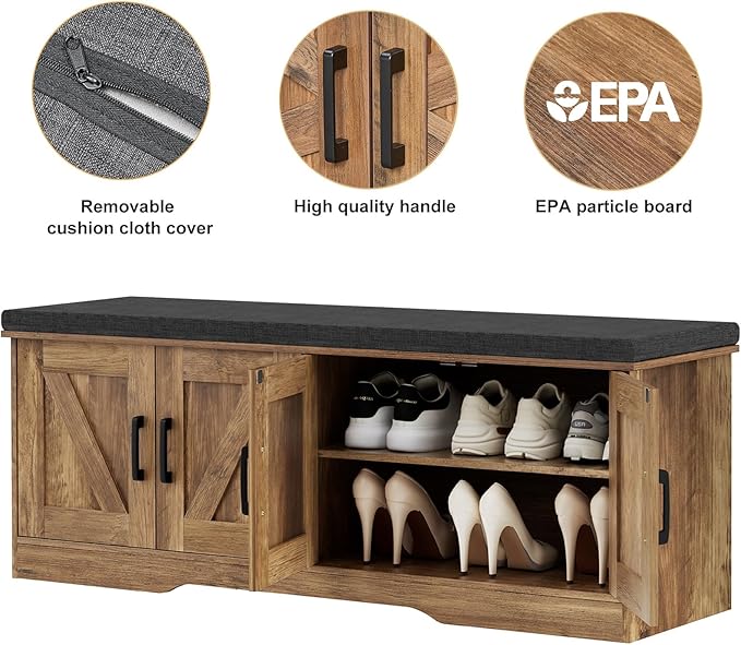 HOMSHO 2-Tier Storage Bench, 47.2" Wide Shoe Bench with Padded Seat Cushion, Entryway Bench with 4 Barn Doors and Adjustable Shelf, Rustic Walnut