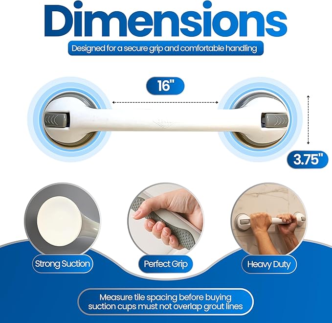 Safe-er-Grip Changing Lifestyles Suction Cup Grab Bars For Bathtubs & Showers; Safety Bathroom Assist Handle, White & Grey, 16 Inches