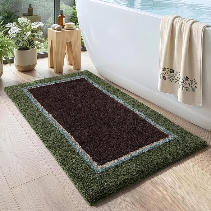 DEXI Bathroom Rugs 43x24, Absorbent Extra Soft Plush Microfiber Bath Mat for Bathroom, Non Slip Washable Bathmat Quick Dry for Shower Floor, Sink, Tub, Laundry Room, Green and Brown