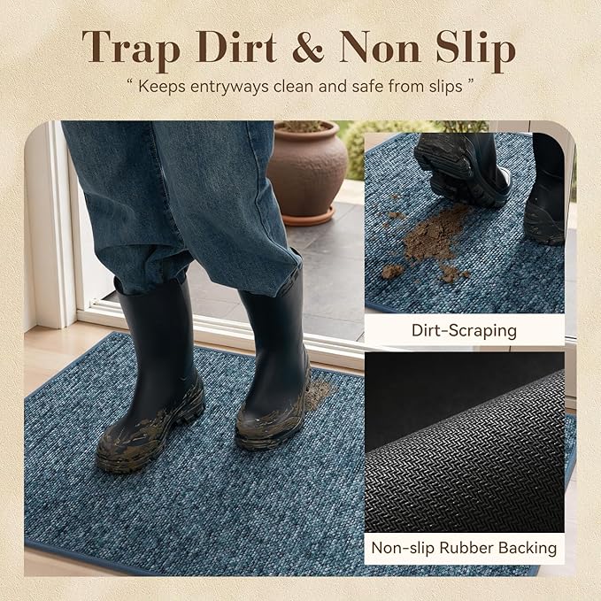 MontVoo Door Mat Indoor Entrance Doormat, Absorbent Durable Rubber Non Slip Front Door Mat for Inside Entry Entryway Dirt Trapper Welcome Mat, Navy Blue 17''x30''