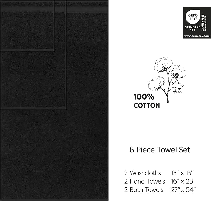 Cotton Paradise 100% Cotton Turkish Towel Set, Soft Absorbent Quick Dry, 6 Piece Towel Set, Coal Black