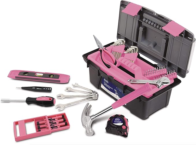 Apollo Tools 53 Piece Household Tool Set Includes Tools and Tool Box with a Selection of Most Needed Tools for Basic DIY Repairs, Maintenance and Crafts - Pink Ribbon