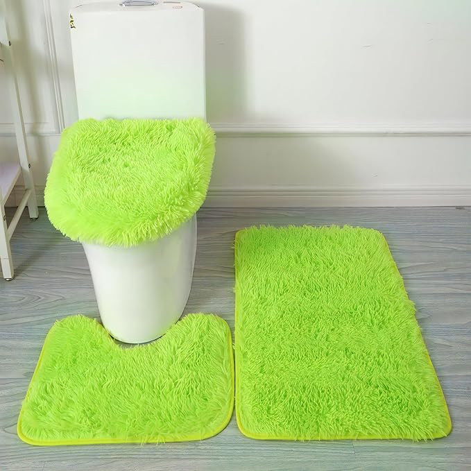 Green Bathroom Rugs Sets 3Piece Bath Mat Solid Bath Rug Floor Mats Washable Shower Rug with U-Shaped Contour Rug Toilet Lid Cover
